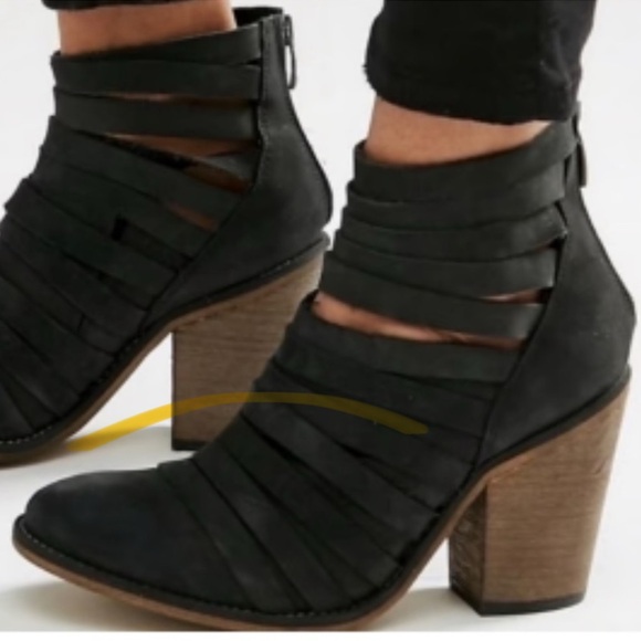 Free People Shoes - Free People Black Strappy Ankle Boots with Brown Block Heel